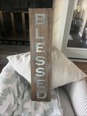 Blessed Vertical Wood Wall Sign - Brown Wood with Silver Letters 27”x6”